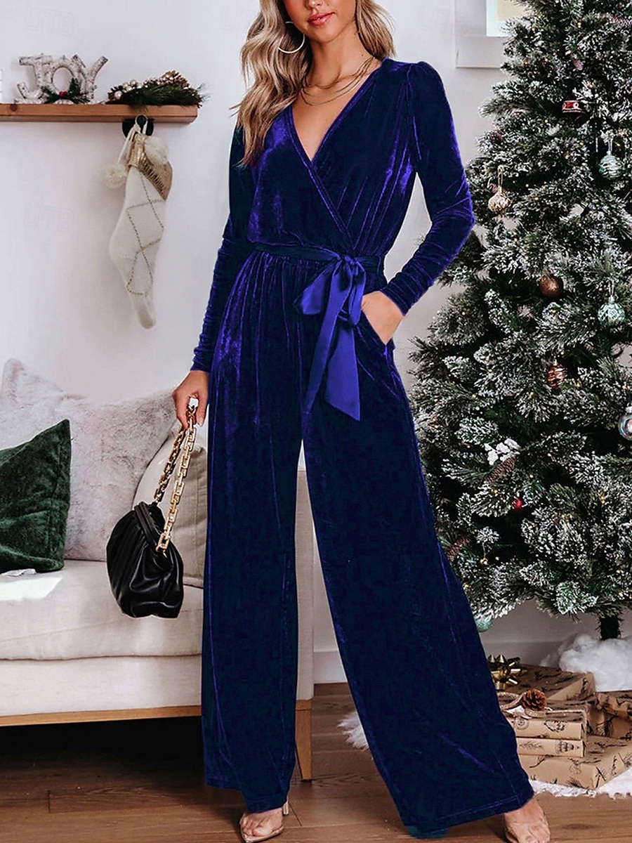 Dam Vanligt Jumpsuits Stylish Ensfärgat Långärmad Djup V-hals Bältade Semester Fest Normal Svart Rubinrött Blå Vår 2025 - GBP £29.21 –P5