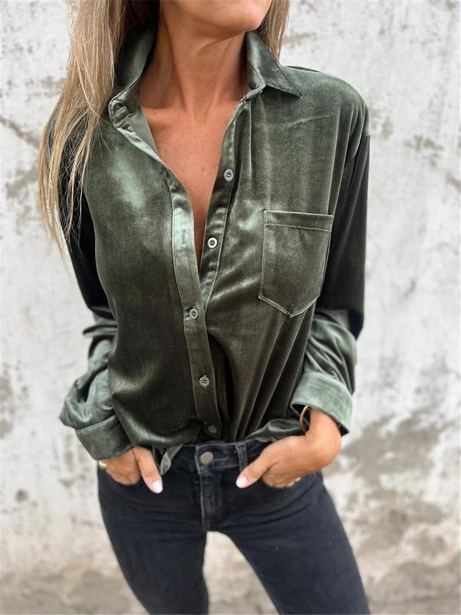 Dames Overhemd Blouse Effen Kleur Basic Casual Lange mouw Overhemdkraag Normale tops Dagelijks Knop Fuchsia Bruin Groen Herfst Winter 2025 - $32.99 –P6