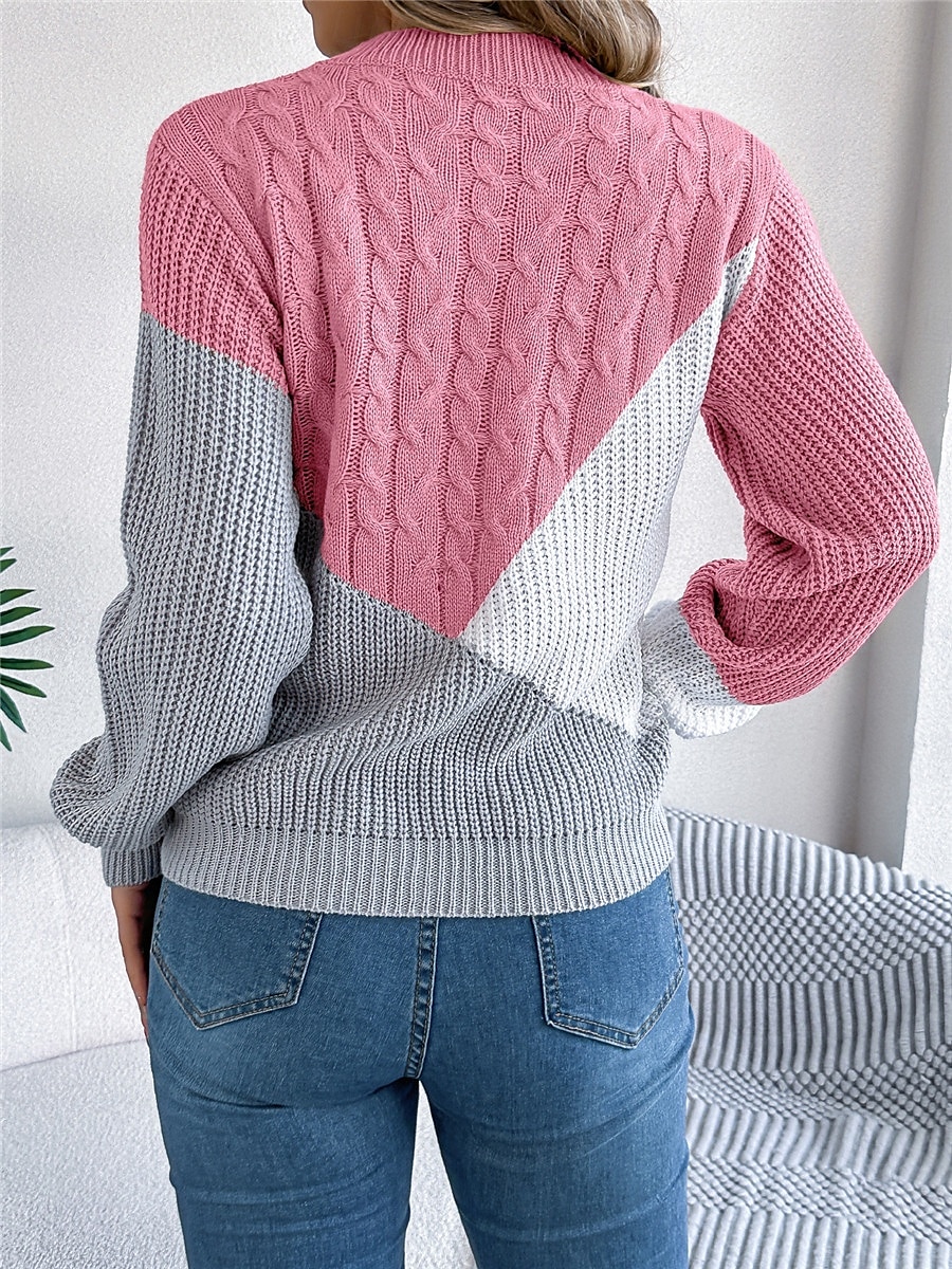 Dame Genser Pullover genser Fritid Myk Fargeblokk Riflet Crew-hals Lapper Strikket Langermet Vanlige topper Strikke utendørs Daglig Helg Svart Rosa Høst Vinter 2025 - $29.99 –P11