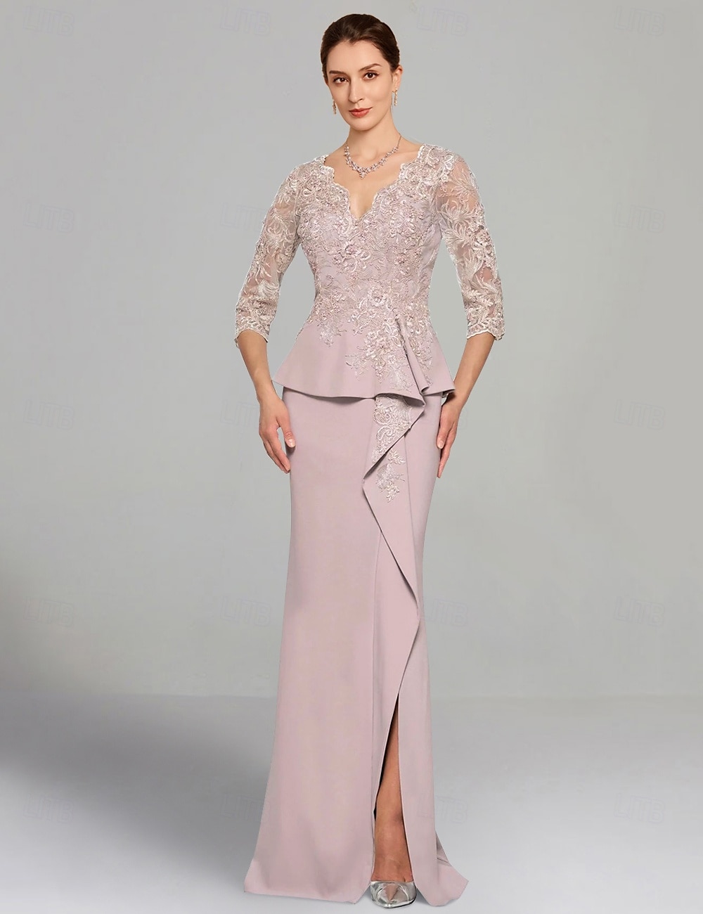 Schich Kleid Mutter-der-Braut Kleid Elegantes V-Ausschnitt bodenlang Stretch-Chiffon 3/4-lange Ärmel mit Spitzenfalten einfarbig 2025 - $184.99 –P5