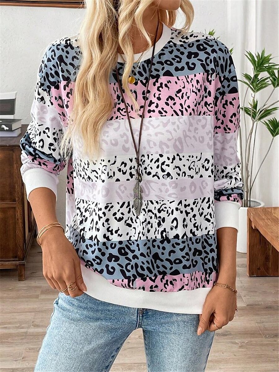 dámská mikina leopard street denní nošení potisk ležérní posádka výstřih dlouhý rukáv mikroelastický podzimní zimní komfrt prodyšná měkká tkanina 2025 - $24.99 –P6