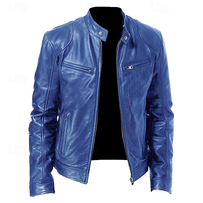 Men's Faux Leather Jacket Transition Jacket Biker Jacket Street Casual Thermal Warm Windproof Zipper Spring Fall Solid Color Pocket Vintage Fashion Stand Collar Regular Faux Leather Slim Fit Silver 2025 - $48.99 –P4