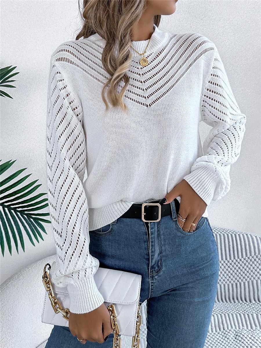 Per donna Felpa Pullover Maglione Informale Morbido Colore puro A coste Girocollo Traforato Lavorato a maglia Manica lunga Top regolari Maglia Esterno Giornaliero Fine settimana Bianco Arancione del 2025 a $45.99 –P6