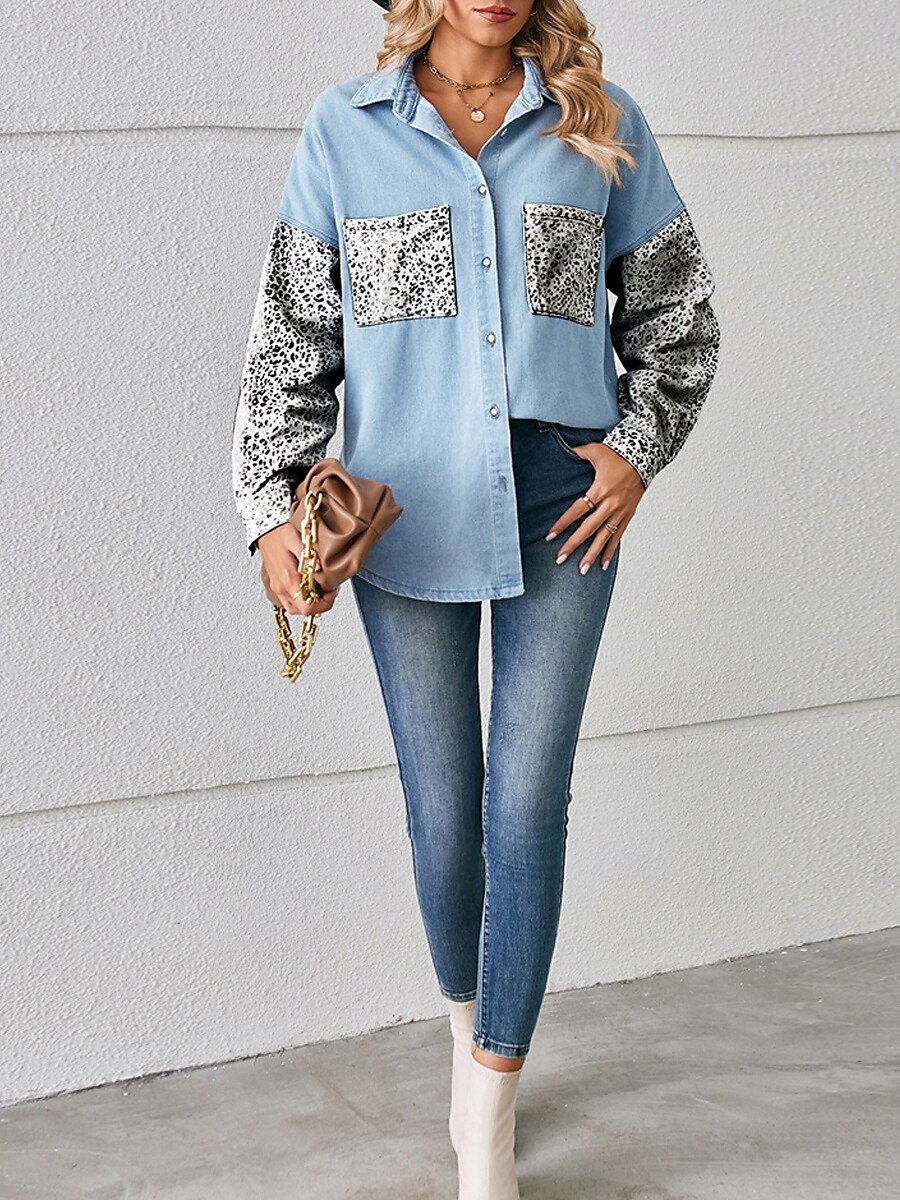 Per donna Giacca di jeans Esterno Strada Da tutti i giorni Autunno Inverno Standard Cappotto Standard Traspirante Moda Informale Giacca Manica lunga Leopardo Con tasche Stampa Nero Bianco Blu del 2025 a $36.99 –P2