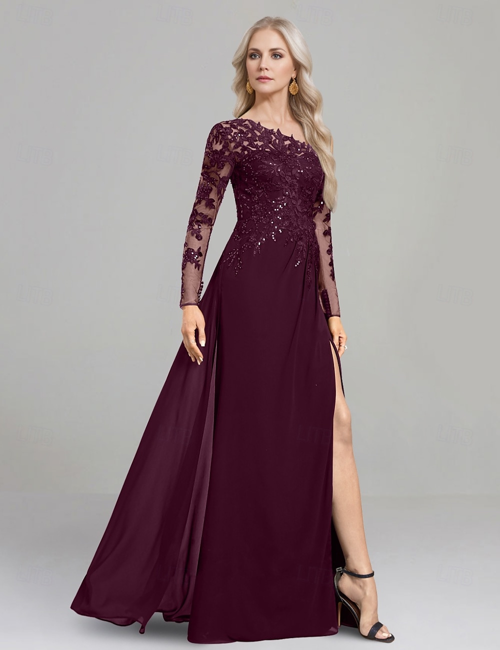 Etuikleid Mutter der Braut Kleid formell elegant ein Schulter bodenlang Chiffon Langarm mit Spitze einfarbig 2025 2025 - $169.99 –P3