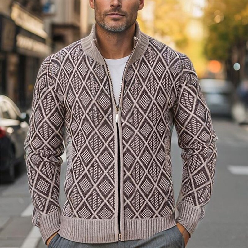 Herren Strickjacke Zip Pullover Reißverschluss Grobstricken Stricken Standard Zip Tasche Geometrisch Stehkragen Strickware Elegant Heim Arbeit Bekleidung Bischof Frühling Herbst Schwarz Marineblau M 2025 - $34.99 –P1