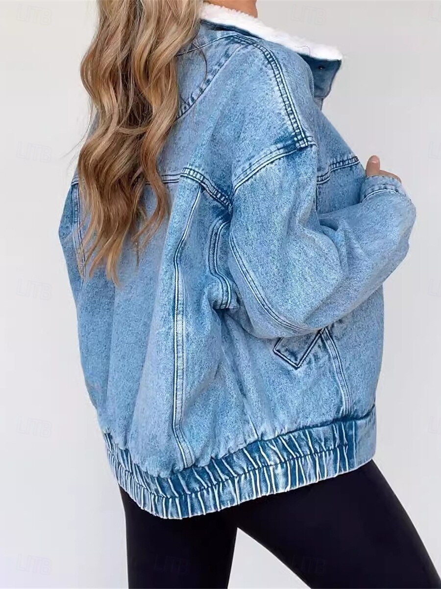 Damskie Jeansowa kurtka Na zewnątrz Ulica Dzienne zużycie Jesień Zima Regularny Płaszcz Regularny Keep Warm Oddychający Elegancki Codzienny Kurtki Długi rękaw Jednokolorowe Z kieszeniami Futrzany 2025 - $73.99 –P2