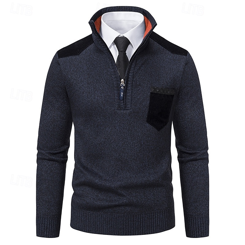 Herre Genser Tykk Strikke Lomme Halv glidelås Helfarge Høy krage Elegant Årgang Formell Hjem Klær Biskop Høst Vinter Rød Navyblå S M L 2025 - $27.99 –P10