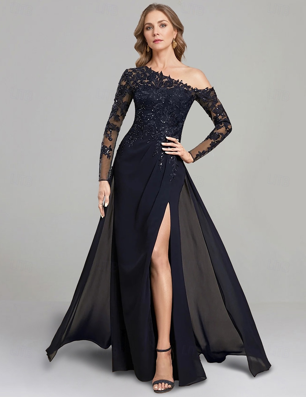 Etuikleid Mutter der Braut Kleid formell elegant ein Schulter bodenlang Chiffon Langarm mit Spitze einfarbig 2025 2025 - $169.99 –P1