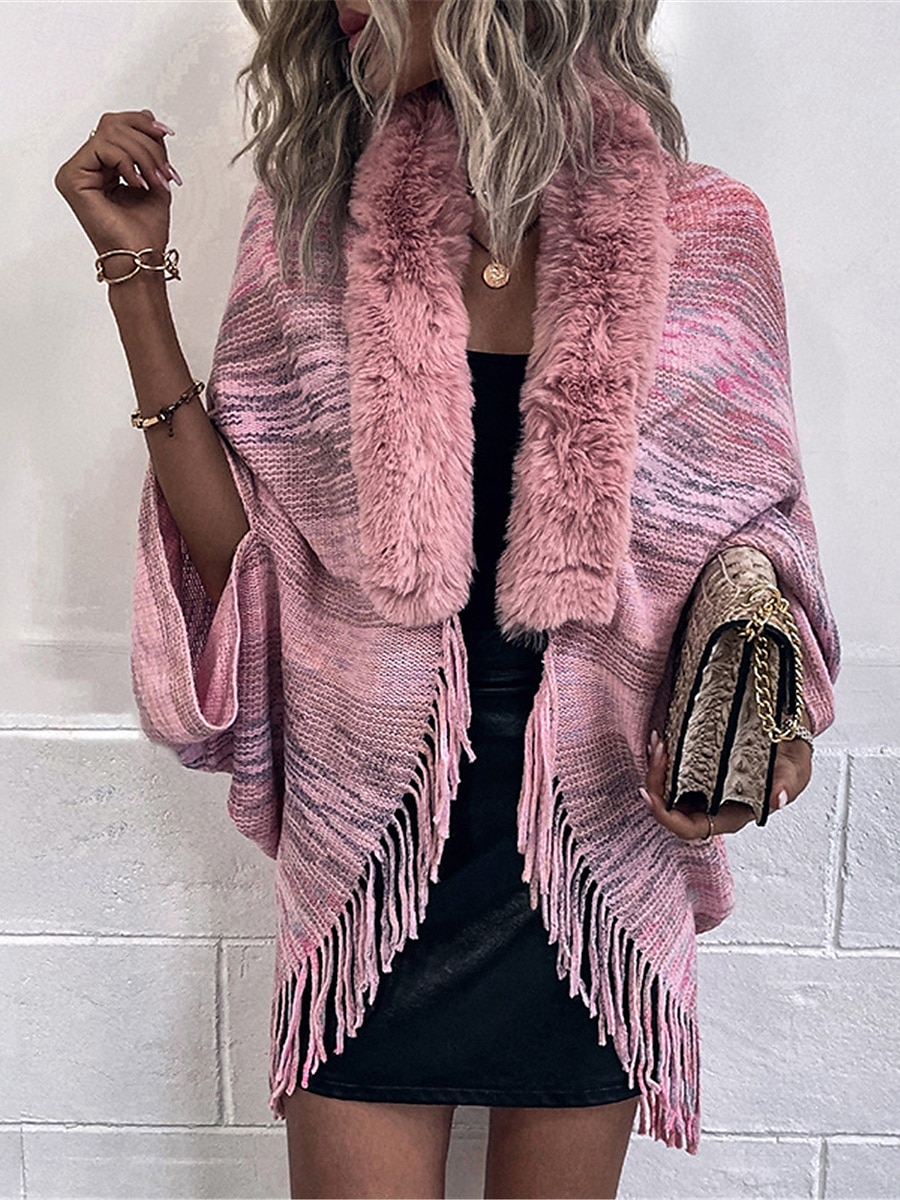 Women's Shrug Casual Soft Rainbow Ribbed Open Front Tassel Knitted Faux Fur Trim Long Sleeve Regular Tops Knit Outdoor Daily Weekend Pink Apricot Fall Winter 2025 - $29.99 –P5