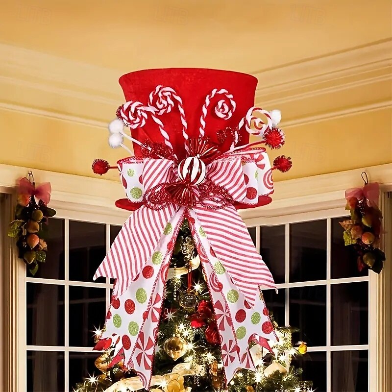 topo de árvore de natal clássico de poliéster vermelho com laço de palito de doce - perfeito para decoração de feriados em ambientes internos &uso externo de 2025 por $27.99 –P1
