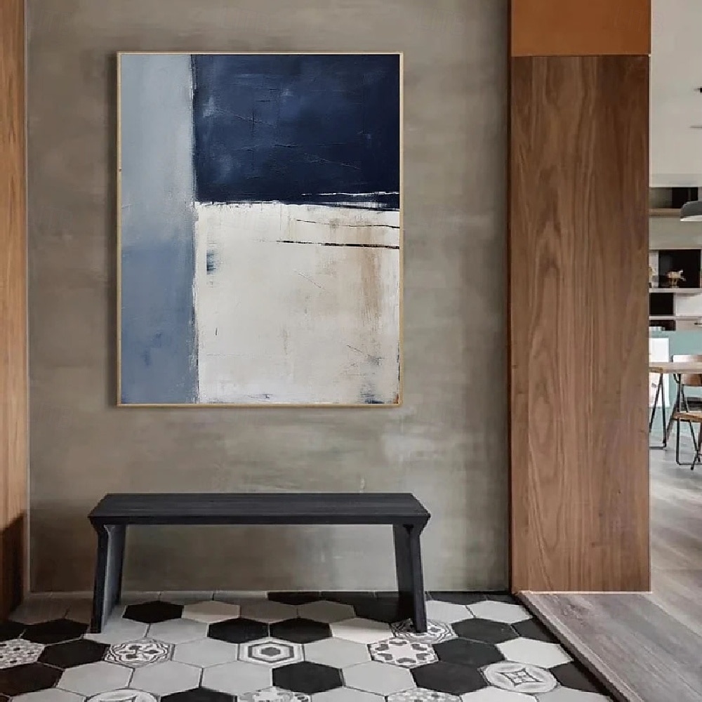 Handpainted White Blue Textured Painting Oversized 3D handmade Abstract Geometric Wall Art painting Large Minimalist black white textured Painting for Living Room bedroom Wall Decor Abstract Art 2025 - $116.99 –P1