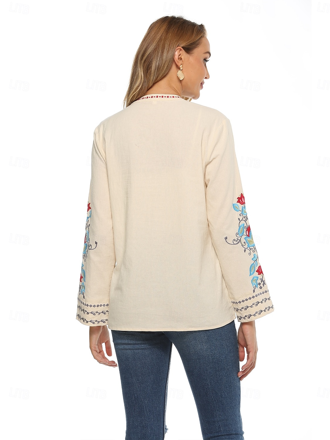 Dam Boho skjorta Linneinspirerade skjortor Blommig Blomma Ledigt Långärmad Biskop Rund hals Hög hals Vanliga toppar Alla hjärtans dag Arbete Dagligen Broderad Beige Vår, Höst, Vinter, Sommar 2025 - $34.99 –P2
