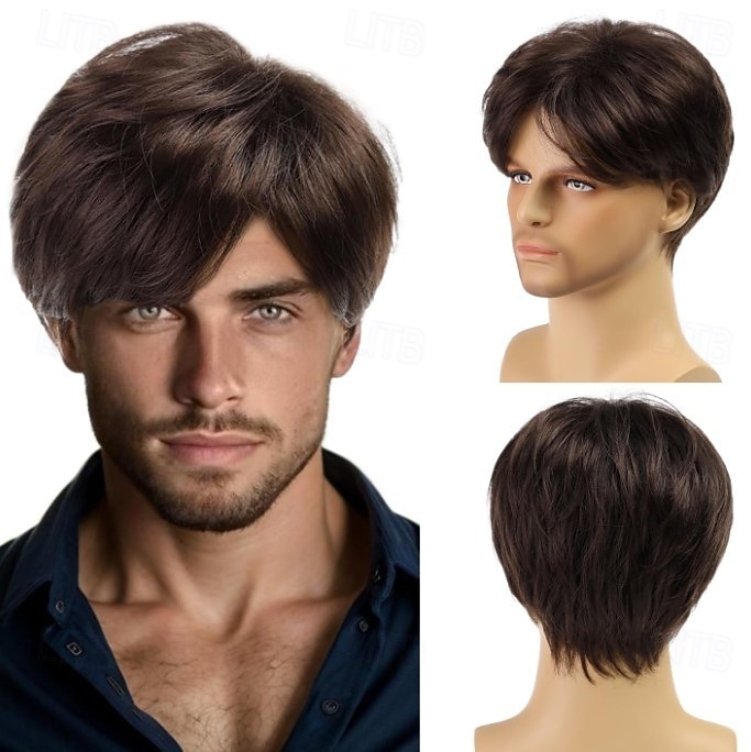 heren korte pruik krullend met pony pruik kort bruin grijs blond synthetisch haar dames blond bruin grijs 2025 - $15.99 –P3