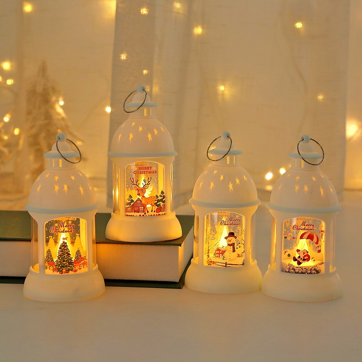 jul retro slott led levande ljus, batteridriven tomte  & snögubbe lykta festlig inredning för jul, nyår  & träd prydnad 2025 - $9.49 –P4