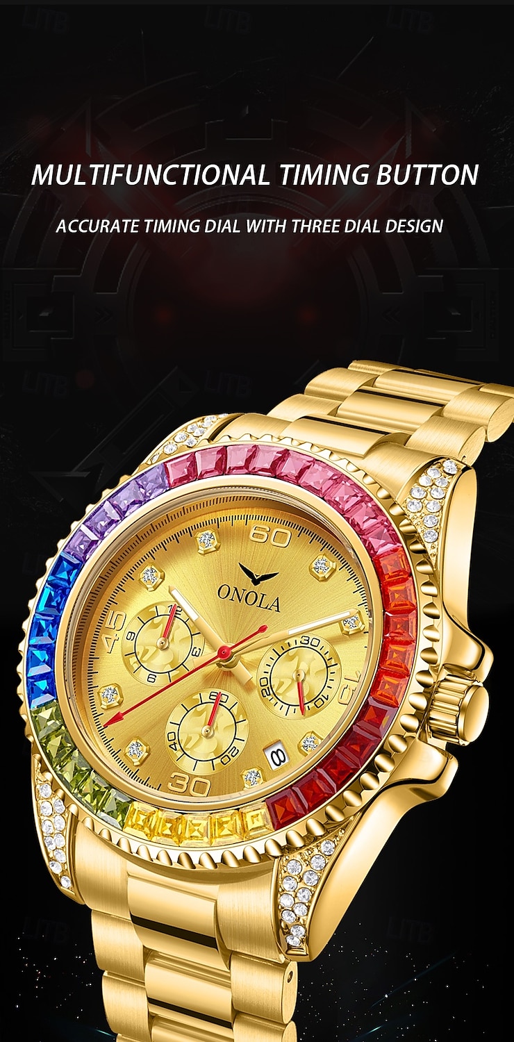 ONOLA Luxury Iced Watches Men Automatic Date Multifunctional Steel Clocks Fashion Rainbow Diamond Quartz Wristwatch 2025 - $48.99 –P4