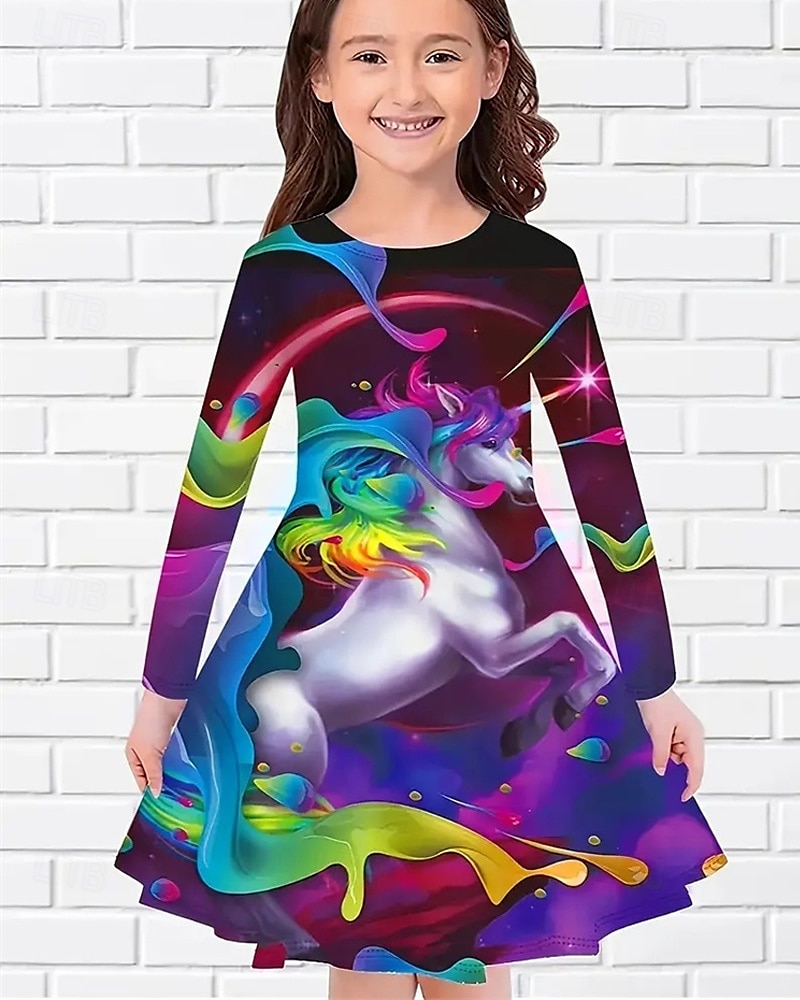 Girls' 3D Graphic Unicorn Dress Long Sleeve Summer Spring Vacation Daily Holiday Princess Beautiful Sweet Kids 4-12 Years Casual Dress A Line Dress Knee-length Regular Fit 2025 - $16.99 –P1