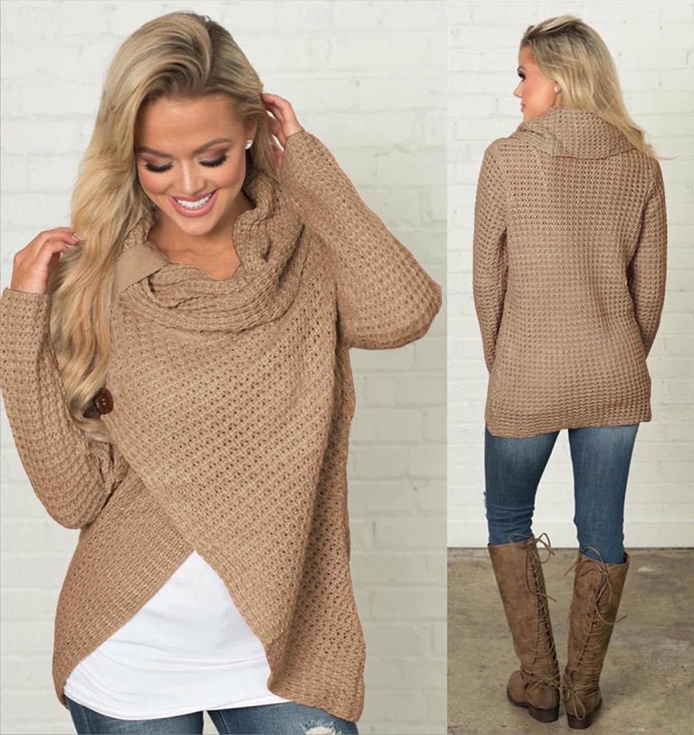 dam tröja tröja tröja turtleneck stickad knapp stickad höst vinter utomhus nyår mode avslappnad mjuk långärmad enfärgad khaki 2025 - $31.99 –P2