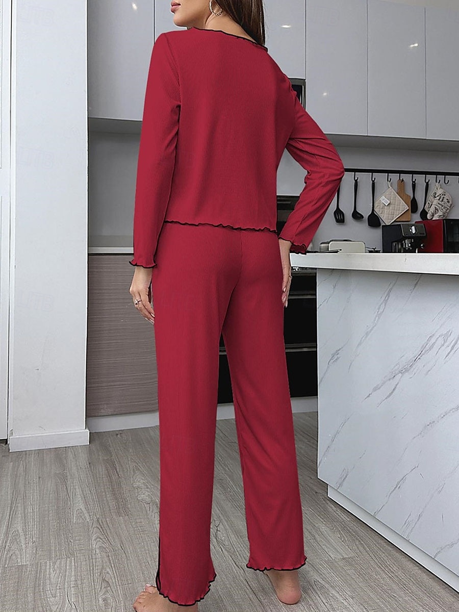Women's Pajama Set Pure Color Casual Comfort Home Daily Comfort Warm V Neck Long Sleeve T shirt Pant Button Up Elastic Waist Fall Winter Home Outfits 2025 - $35.99 –P11
