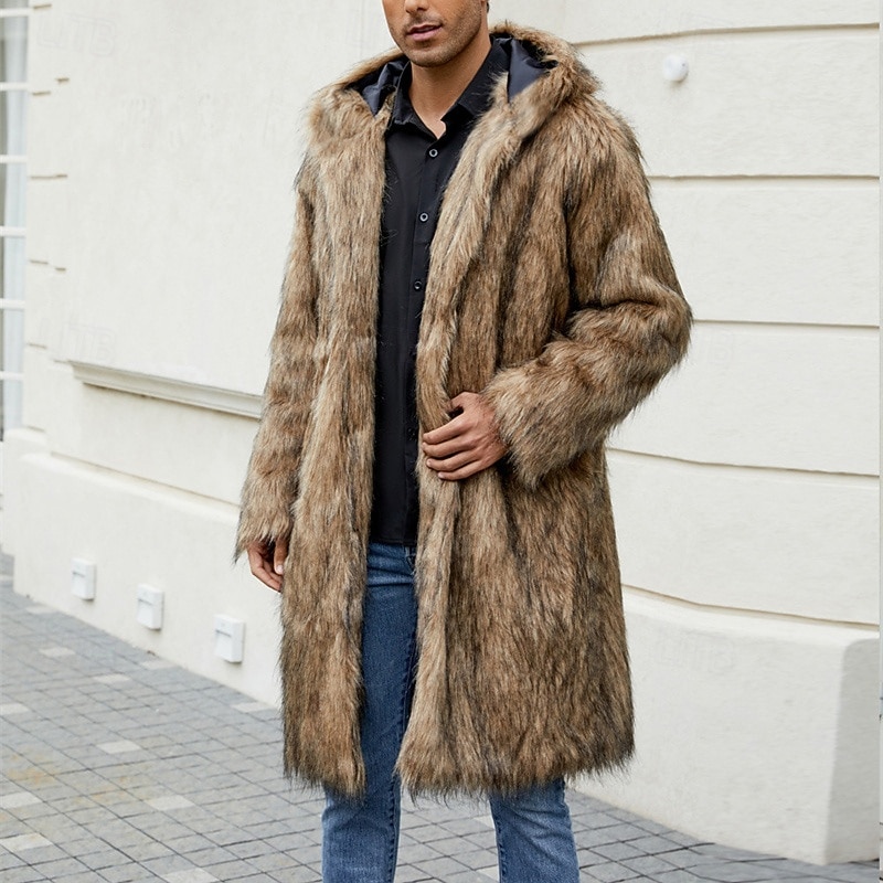 Herr Vinterjacka Fleece-jacka Fuskpälskappa Dagligen Semester Håller värmen Håller värmen Fleece Höst vinter Leopardtryck Mode Streetwear Huva Lång Svart Vit Gul Jacka 2026 - $68.99 –P1