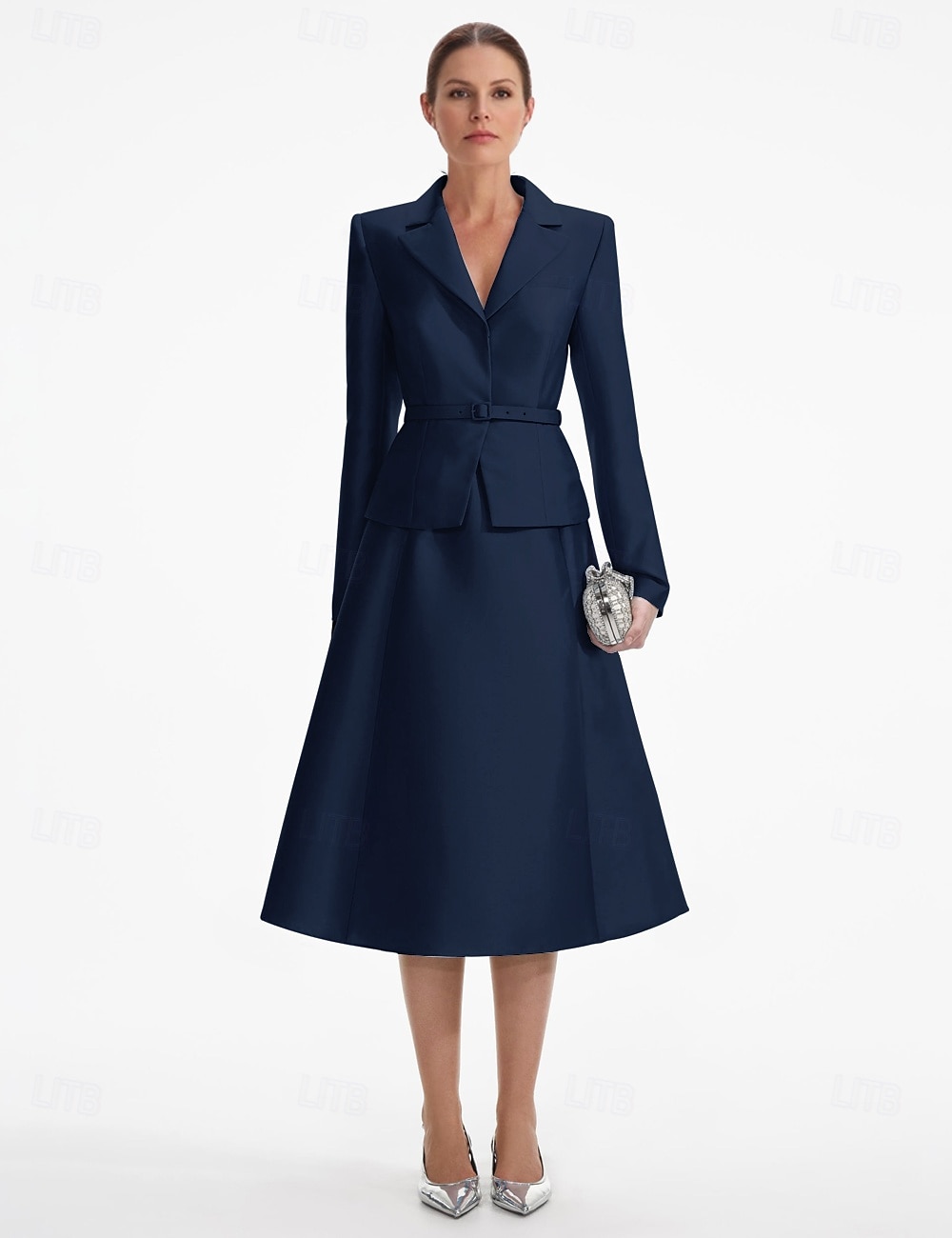 Blazer Kleid Zweiteilig A-Linie Champagner Kleid Smoking Kleid Elegant V-Ausschnitt Tee-Länge Satin Lange Ärmel mit Uni-Farbe Derby Kleider 2025 2025 - $159.99 –P3