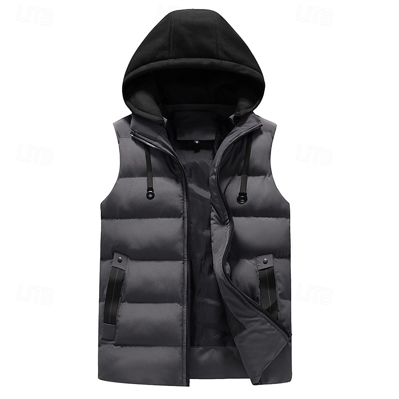 Herr Pufferväst Hoodie väst Quiltad väst Dagligen Datum Semester Mode Ledigt Höst vinter Ficka Polyester Håller värmen Bekväm Ensfärgat Dragkedja Huva Normal Svart Armégrön Grå Väst 2026 - $39.99 –P6