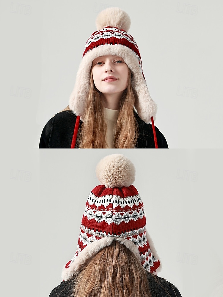 berretto invernale lavorato a maglia con pompon e fodera in pelliccia sintetica - caldo berretto con paraorecchie per donna del 2025 a $18.99 –P3