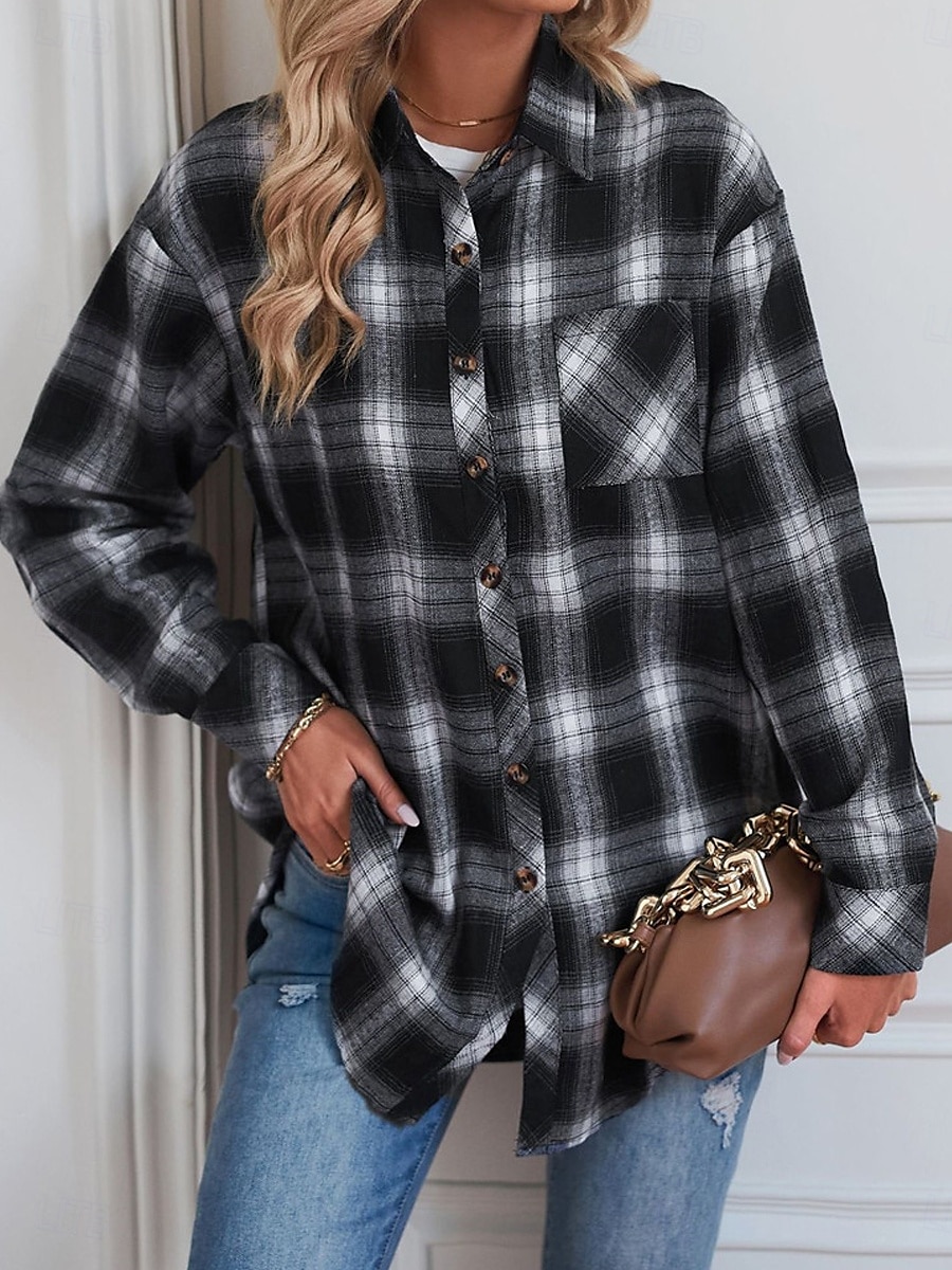 Dam Vardaglig jacka Utomhus Gata Dagliga kläder Höst Vinter Normal Täcka Normal Håller värmen Andningsfunktion Stylish Ledigt Jacka Långärmad Ränder och pläd Med fickor Mönster Svart Rubinrött Grön 2025 - $41.99 –P4
