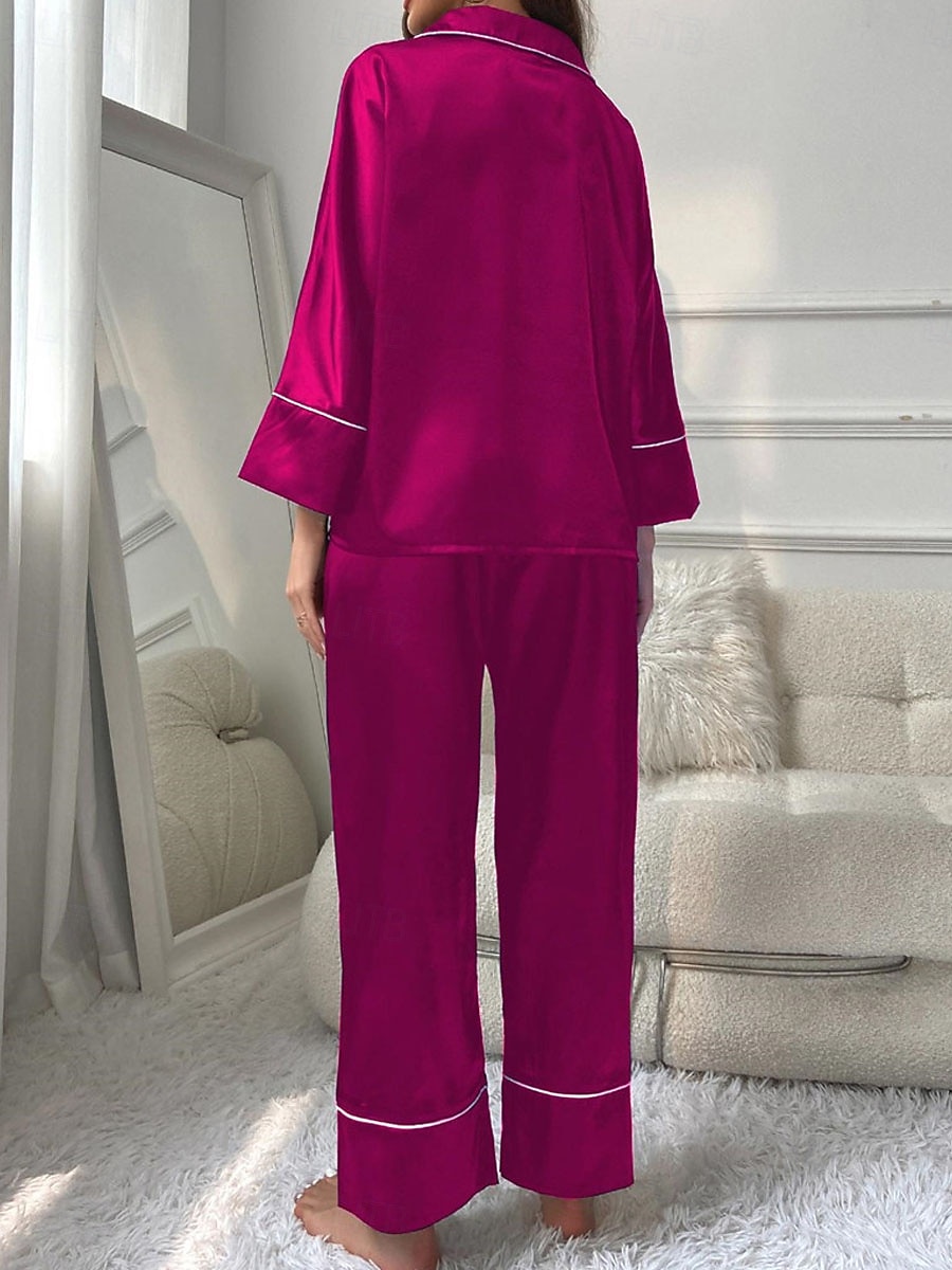 pyjamasset för kvinnor ren färg avslappnad komfort hem dagligen satin siden komfort varm lapel långärmad skjorta byxa knapp upp resår midja höst vinter hem outfits 2025 - $31.99 –P10