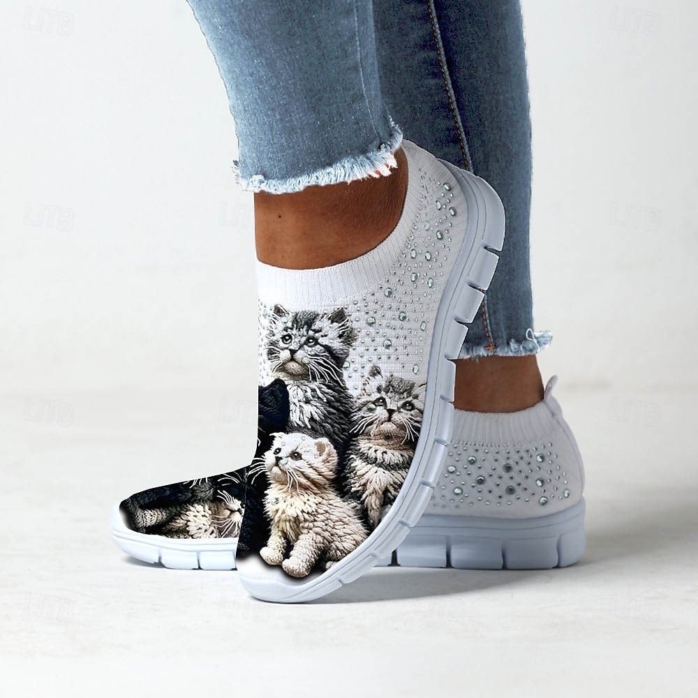 Zapatillas con estampado de gato para mujer: cómodas zapatillas sin cordones con un adorable diseño de gatito para uso diario informal 2025 - $29.99 -P5