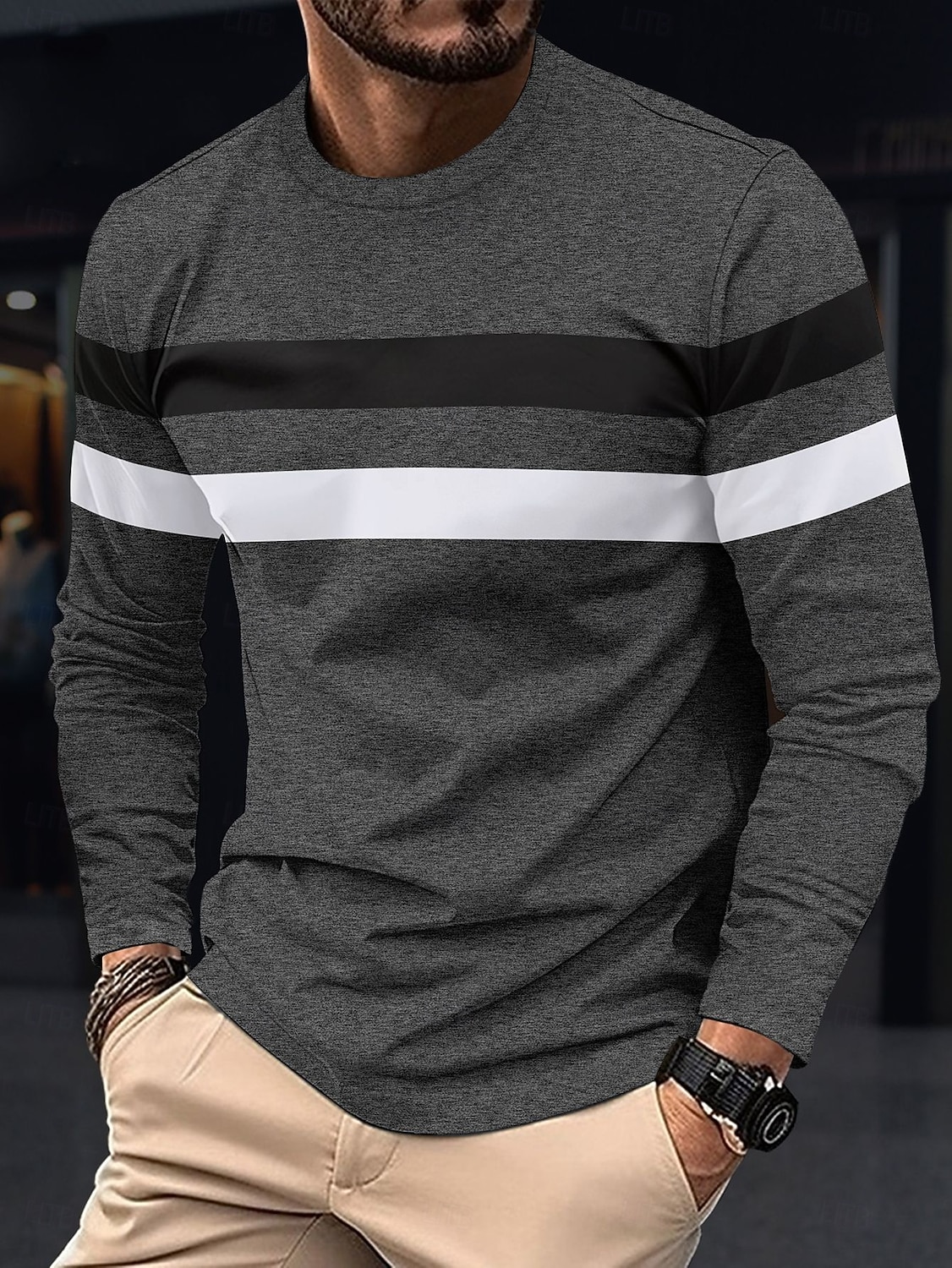 Herren T Shirt T-Shirt Langarmshirt Langarm Rundhalsausschnitt Frühling & Herbst Einfach Mode Designer Basic Farbblock Urlaub Straße Ausgehen Wein Schwarz Weiß Top T-Shirt für Herren 2025 - $15.49 –P9