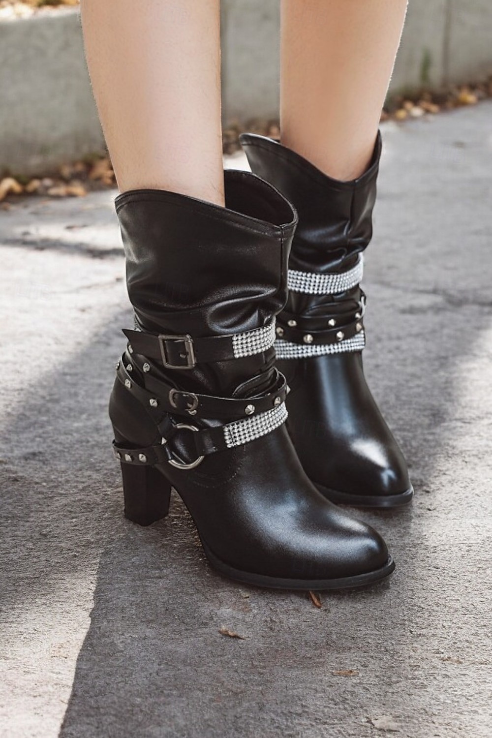 braune, lässige Stiefel mit halbhoher Sohle und Nietenriemen sowie Strassverzierungen für Damen – High Heel im Westernstil für Partys und die Freizeit 2025 - $64.99 –P2