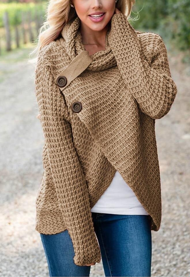 dam tröja tröja tröja turtleneck stickad knapp stickad höst vinter utomhus nyår mode avslappnad mjuk långärmad enfärgad khaki 2025 - $31.99 –P1