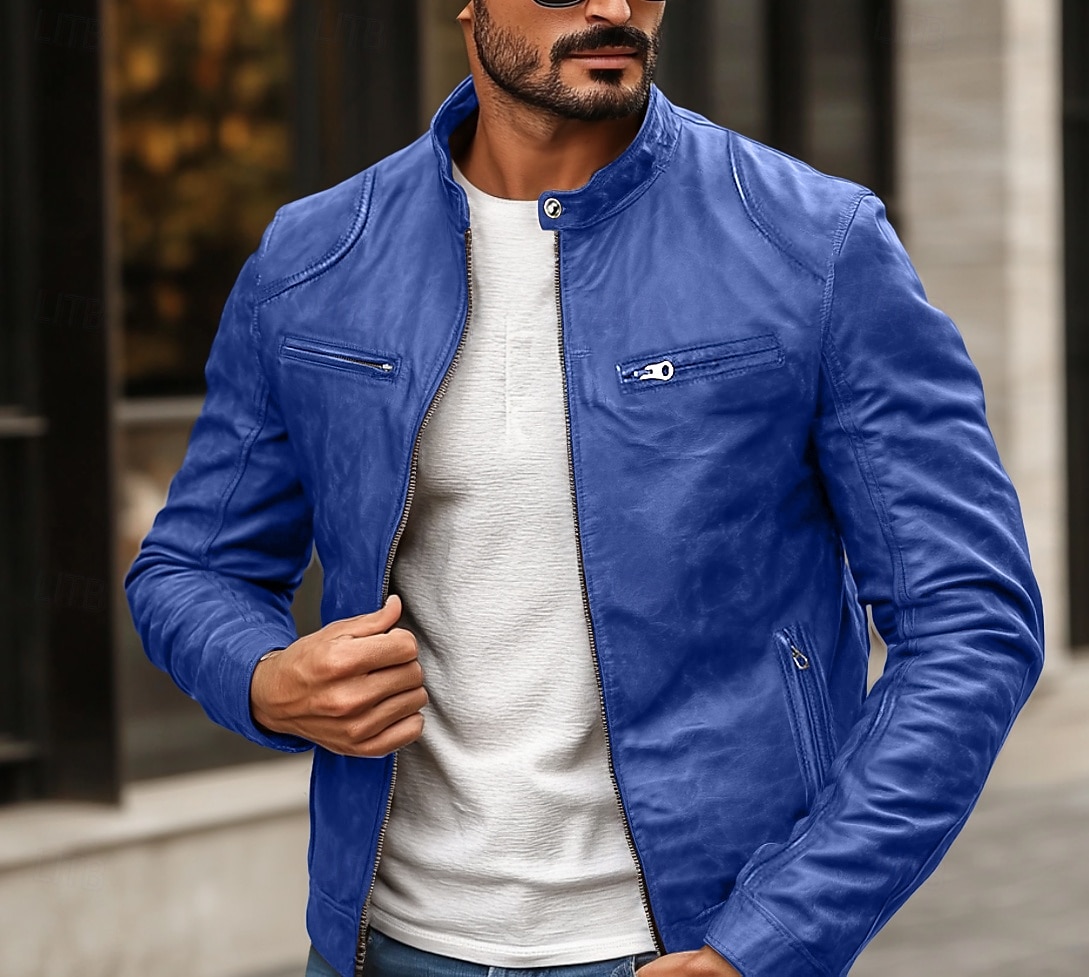 Men's Faux Leather Jacket Biker Jacket Motorcycle Jacket Daily Thermal Warm Rain Waterproof Zipper Fall & Winter Solid Colored Punk Vintage Stand Collar Regular Black Blue Brown Coffee Jacket 2026 - $45.99 –P8