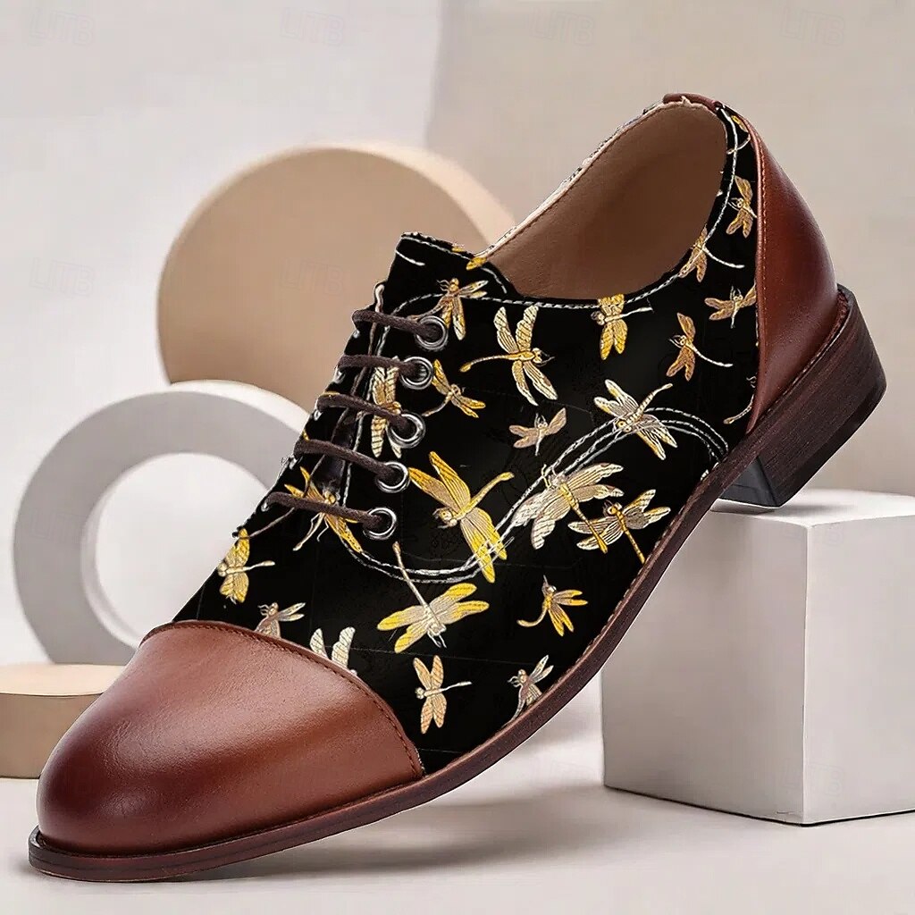 sapatos oxford vintage masculinos com cadarço - preto com tecido jacquard libélula, biqueira e salto de couro sintético marrom, ideais para estilos casuais e retrô de 2025 por $54.99 –P1