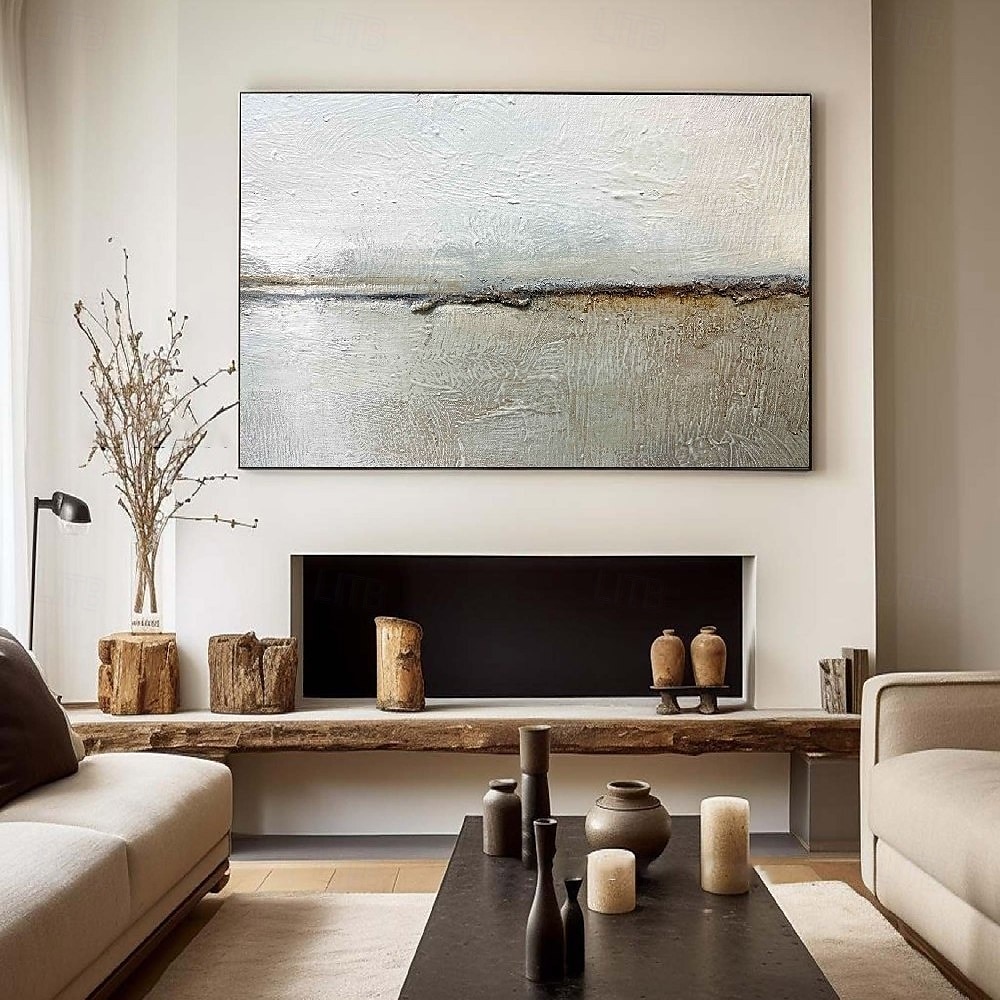 großes cremebeiges abstraktes geometrisches Ölgemälde handgemachtes Meeresgemälde handgemalt moderne Wabi Sabi Wandkunst braun und schwarz minimalistische Wandkunst beige Strukturgemälde 2025 - $116.99 –P2