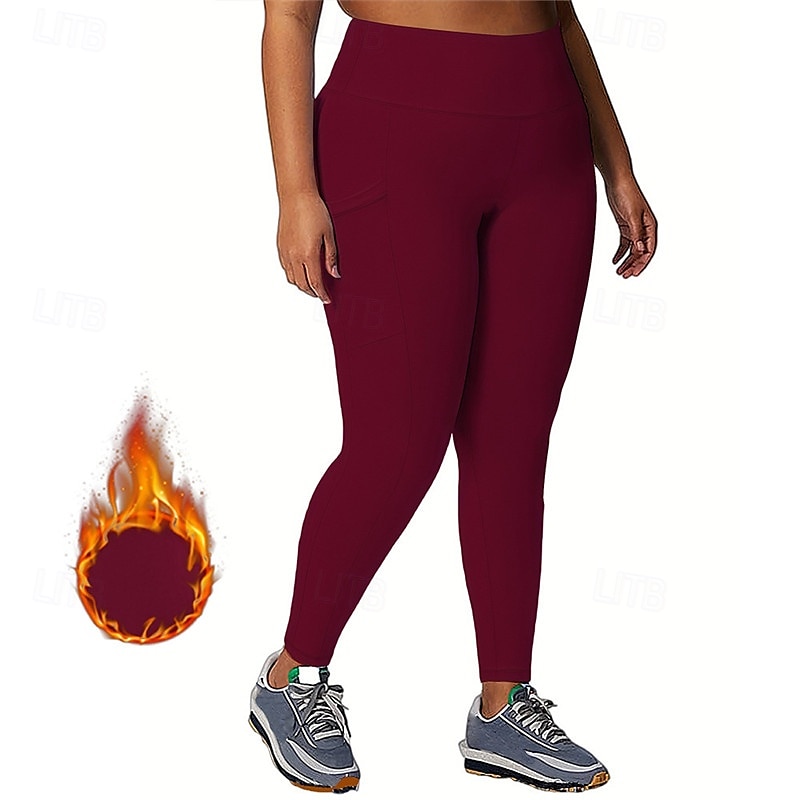 Dame Yogabukser Leggings med fleece Yoga Leggings med telefonlomme Høy Midje Pilates Treningsøkt Trene Strømpebukse Helfarge Mørkegrå Svart Burgunder Spandex Fleece Høst Vinter Store størrelser sport 2026 - $16.49 –P7