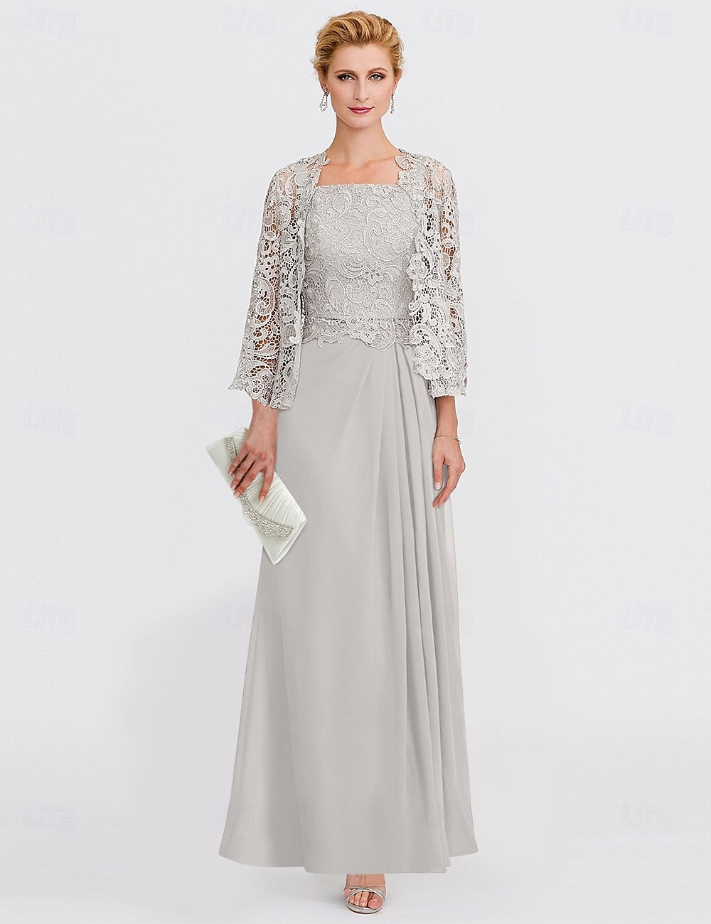 A-Linien-Kleid, Strandhochzeitsanzug, Kleid für die Mutter der Braut, eleganter gerader Ausschnitt, knöchellang, Chiffonspitze, 3/4-Ärmel mit Spitze, seitlich drapiert, einfarbig, 2025 2025 - $168.99 –P1