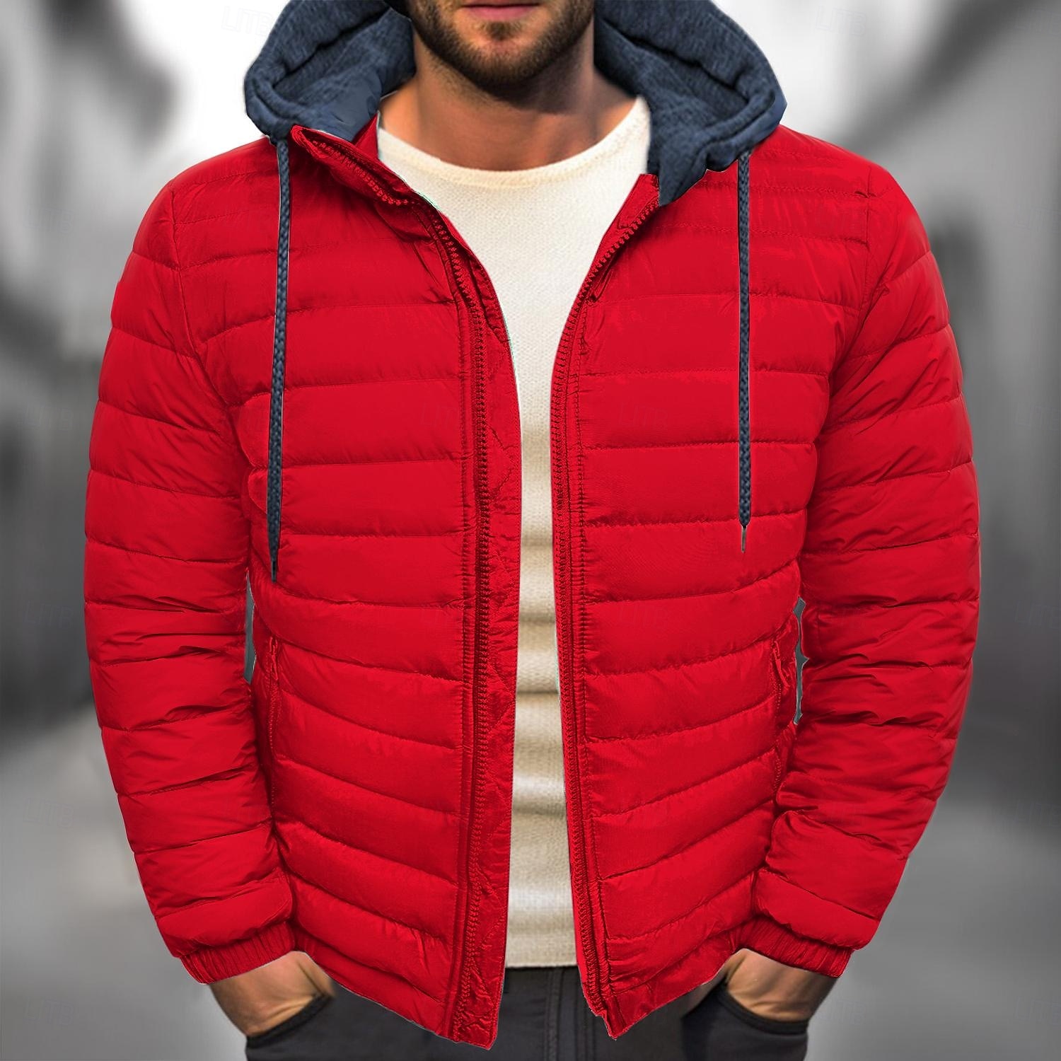 Men's Winter Coat Puffer Jacket Quilted Jacket Transition Jacket Pocket Hooded Office & Career Date Casual Daily Warm Winter Color Block Black Red Navy Blue Blue Puffer Jacket 2025 - $31.99 –P4