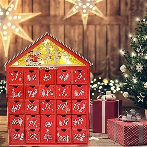 χριστουγεννιάτικο ξύλινο ημερολόγιο advent με 24 συρτάρια αποθήκευσης led ξύλινο διακοσμητικό ημερολογίου advent με χριστουγεννιάτικο δεντρόσπιτο επαναχρησιμοποιούμενο ημερολόγιο αντίστροφης μέτρησης 2025 - $39.99 –P2