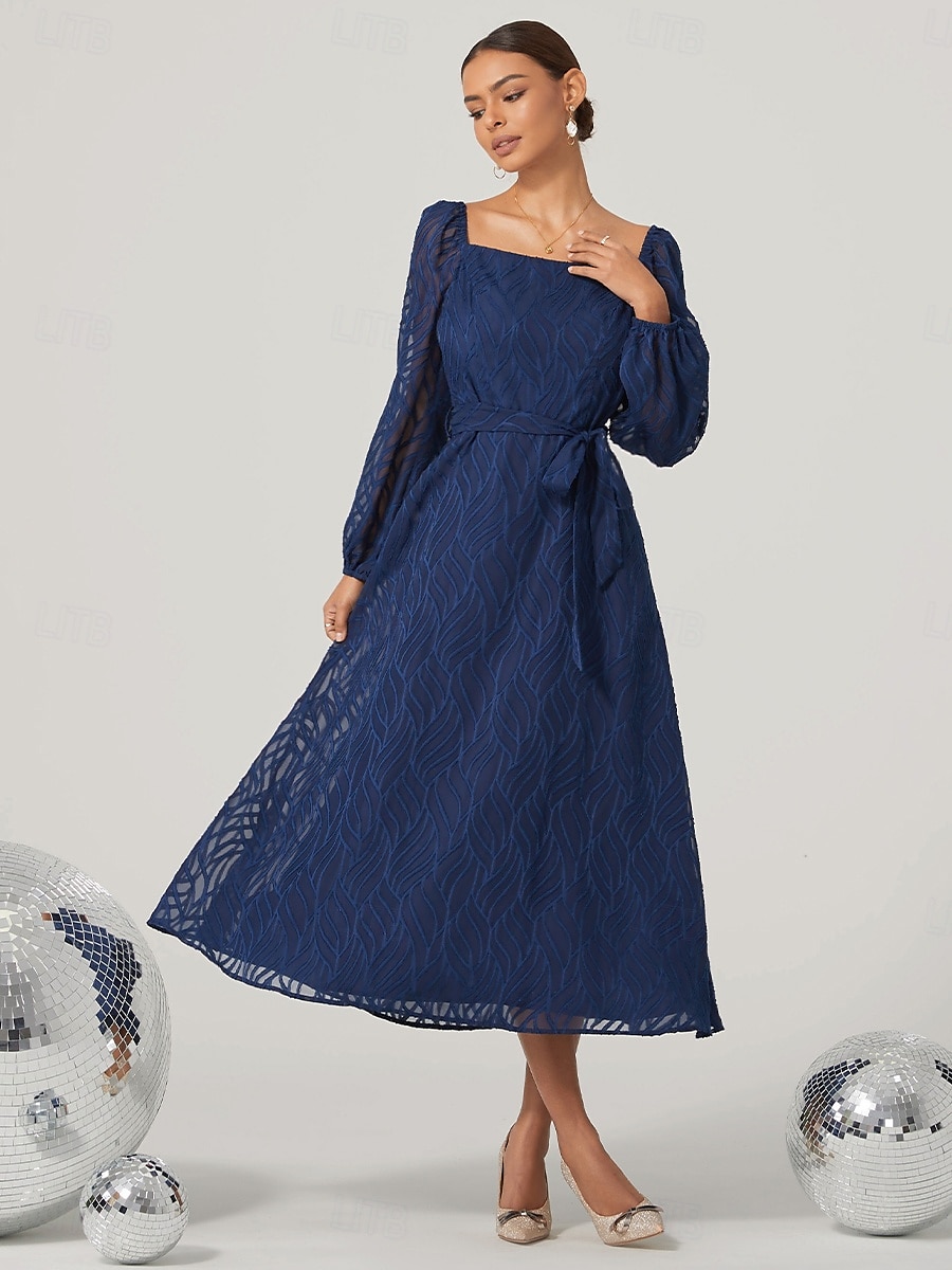 Women's Vintage Dress Midi Dress With Belt Elegant Vintage Square Neck Long Sleeve Blue Color 2025 - $15.79 –P4
