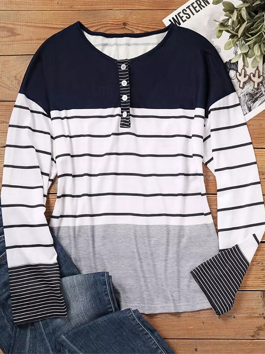 Dame T skjorte Stripet Mote Moderne Fritid Langermet Crew-hals Vanlige topper Daglig Helg Knapper Trykt mønster Hvit Høst Vinter 2025 - $29.99 –P3