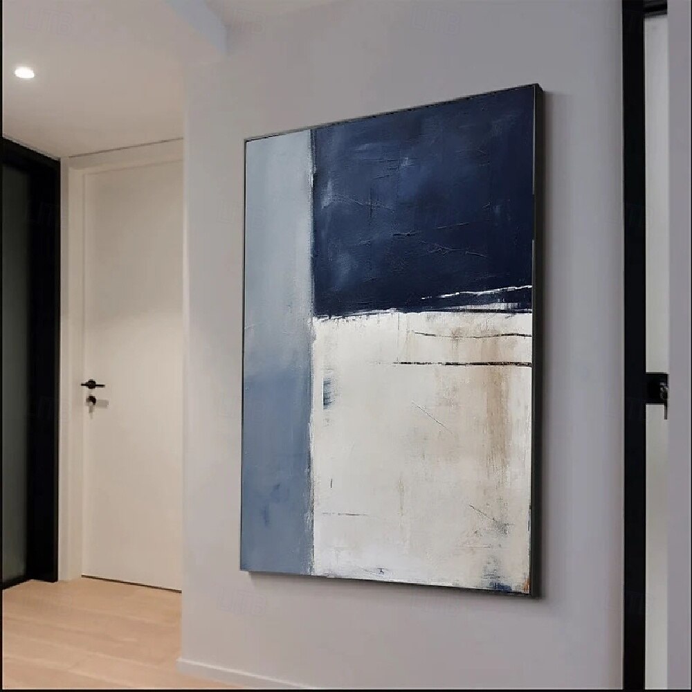 Handpainted White Blue Textured Painting Oversized 3D handmade Abstract Geometric Wall Art painting Large Minimalist black white textured Painting for Living Room bedroom Wall Decor Abstract Art 2025 - $116.99 –P7