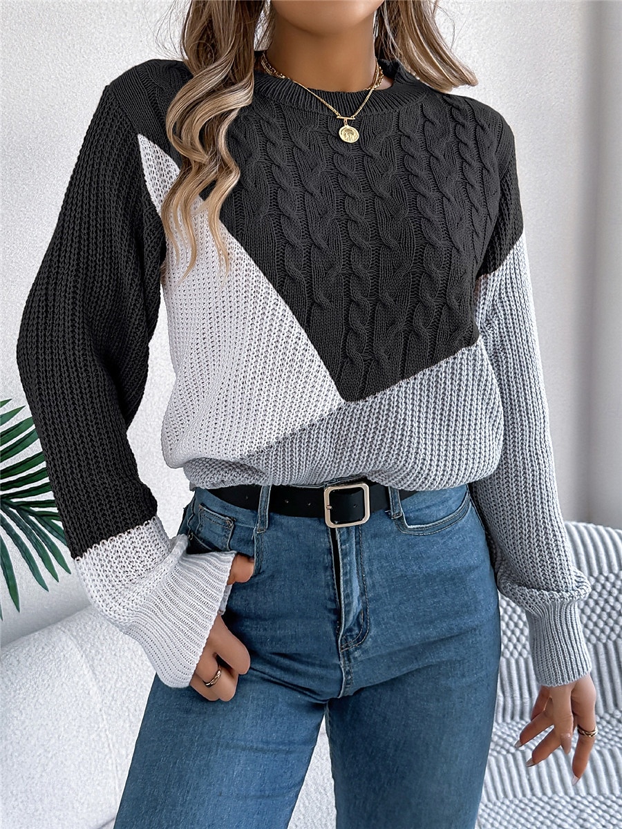 Dame Genser Pullover genser Fritid Myk Fargeblokk Riflet Crew-hals Lapper Strikket Langermet Vanlige topper Strikke utendørs Daglig Helg Svart Rosa Høst Vinter 2025 - $29.99 –P5