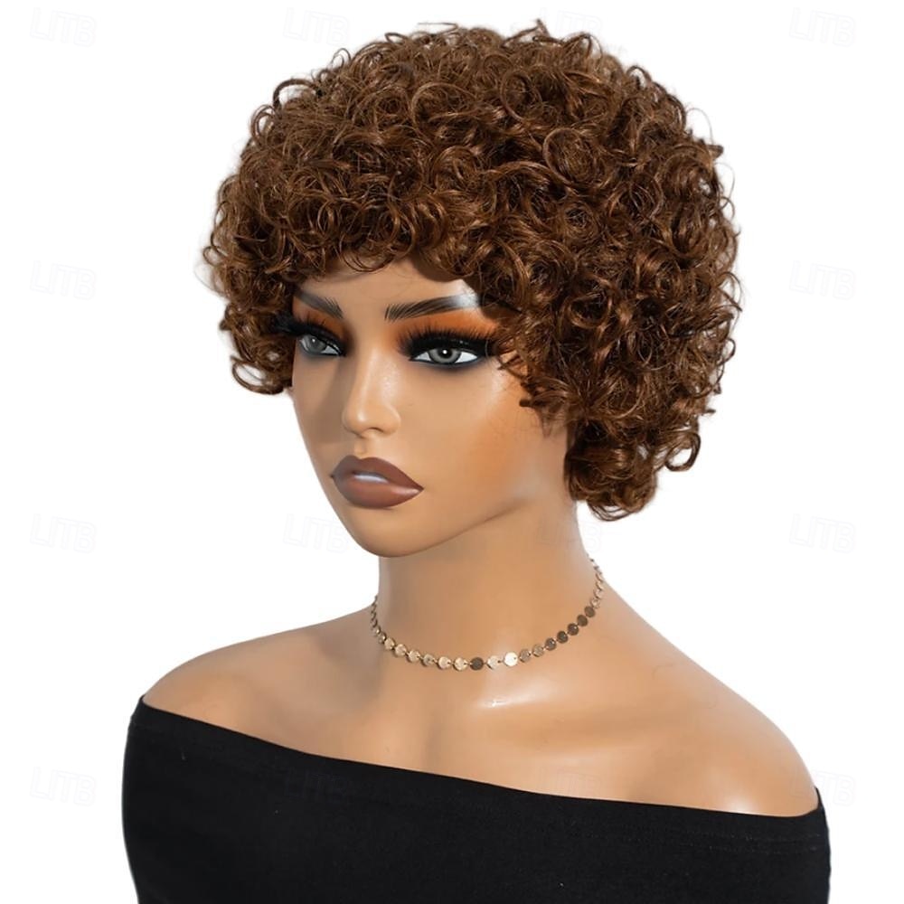 parrucche brasiliane corte pixie afro ricce e crespe per donne parrucca bob castana senza colla con frangia parrucca di capelli umani da 6 pollici del 2025 a $57.99 –P4