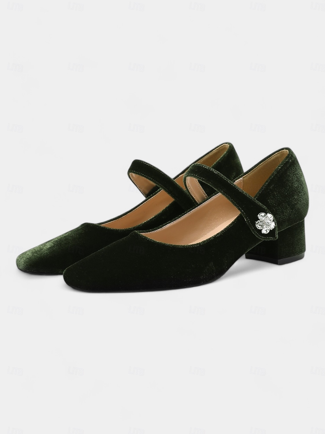 női zöld bársony mary jane pumpák - négyzetes orrú blokksarkú strasszos csattal, elegáns dizájn estélyi és vintage stílusú ruhákhoz 2025 - $59.99 –P5
