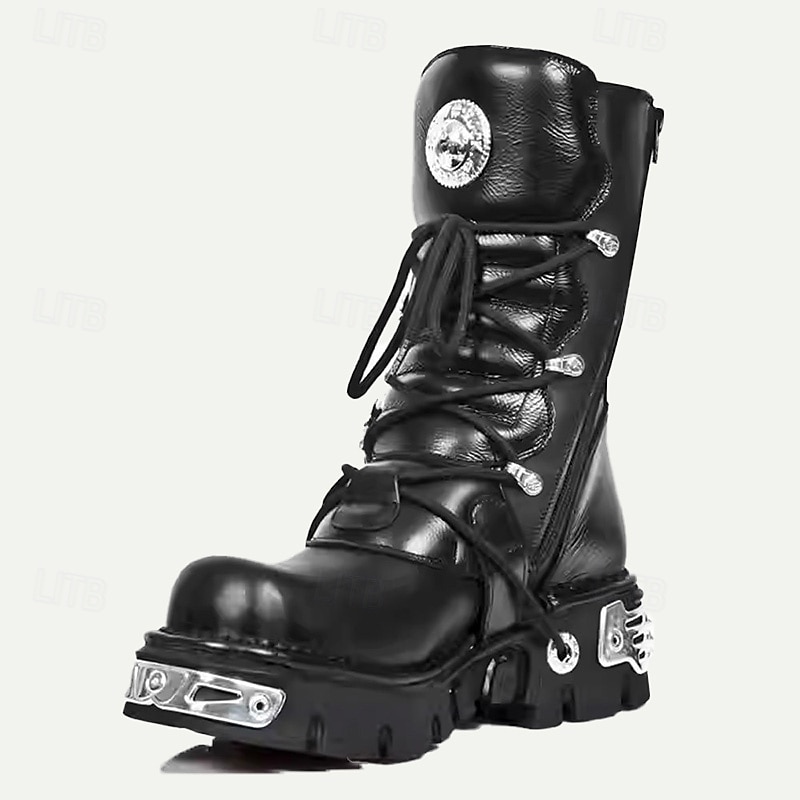 Men's Black Gothic Steampunk Combat Boots with Skull Buckle Accents - Premium Cowhide Leather for Cosplay and Biker Style 2026 - $179.99 –P4