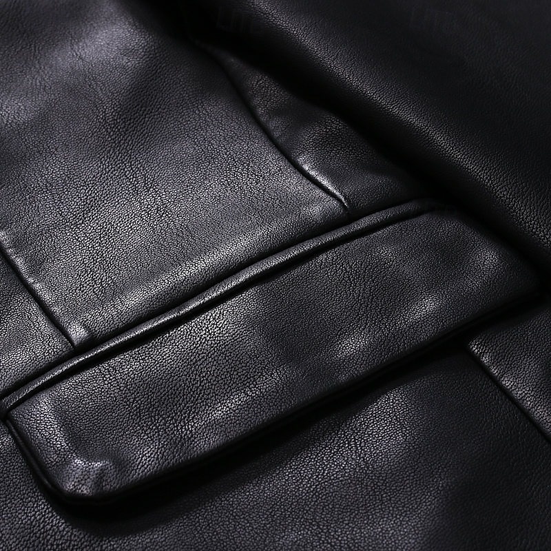 czarna męska marynarka ze skóry pu biuro praca ulica kieszeń moda casual wiosna &jesienna poliestrowa prosta kieszonka swobodna/codzienna jednorzędowa marynarka 2025 - $67.99 –P4
