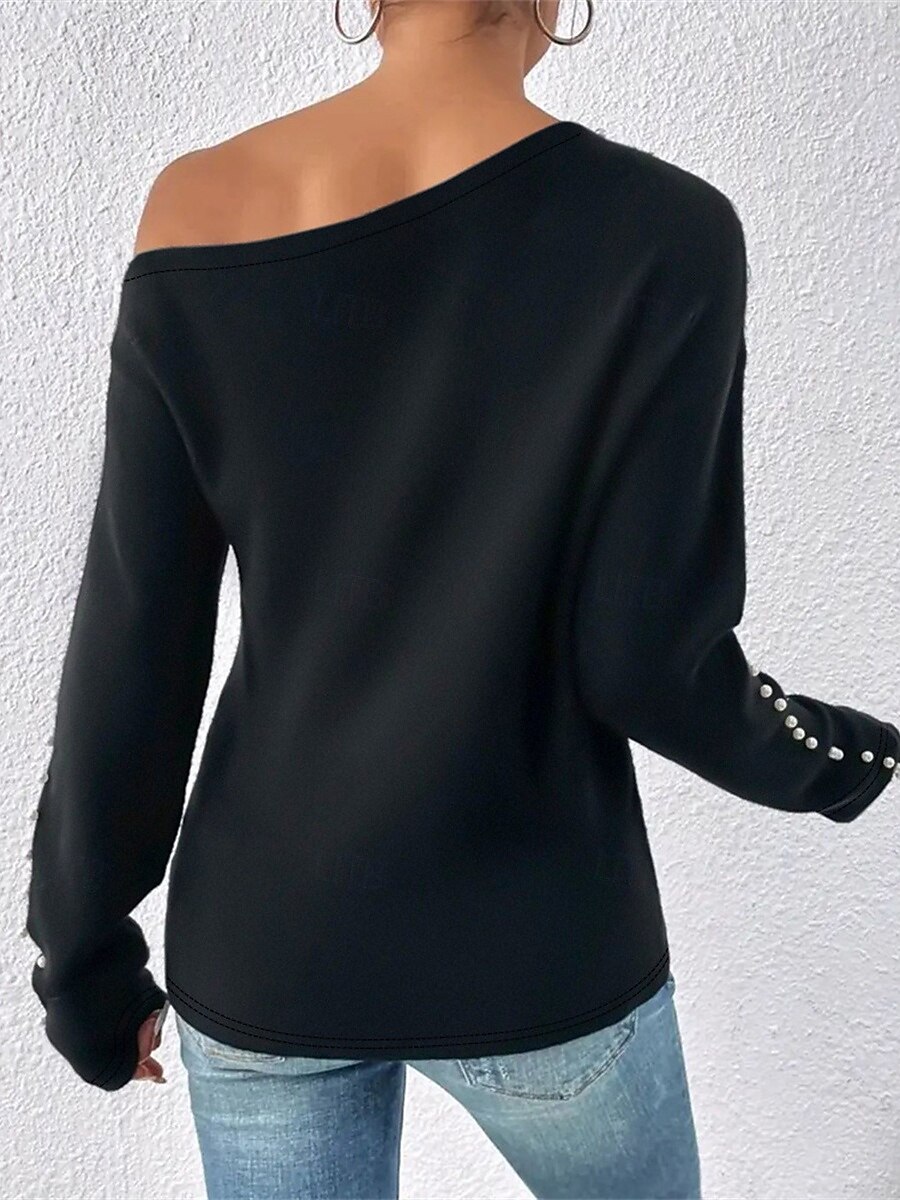Women's Shirt Blouse Solid Color Basic Casual Long Sleeve Cold Shoulder Regular Tops Daily Beaded Black Fall Winter 2025 - $32.99 –P2