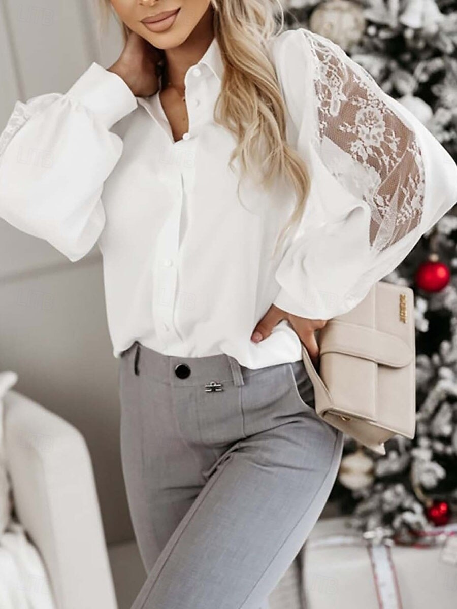 Damen Hemd Bluse Feste Farbe Basic Brautkleider schlicht Langarm Hemdkragen Normale Oberteile Täglich Spitze Gitter Patchwork Schwarz Weiß Grün Herbst Winter 2025 - $32.99 –P4